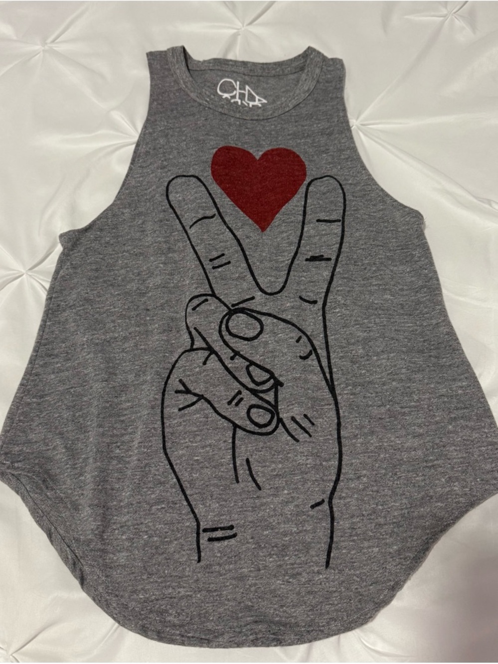 Chaser Gray Tank Top with Red Heart and Black Peace Hand Graphic
